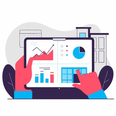 Tablet teknolojisi üzerine dijital bir emlak platformu kurarak mülkiyet yönetimini optimize etmek. Yapay zeka üretildi. Vektör simgesi