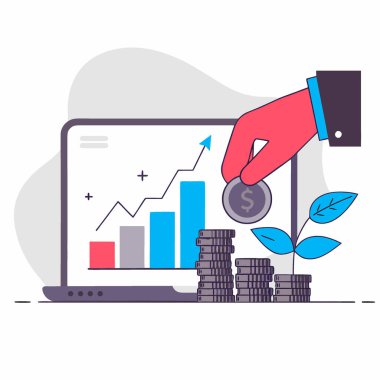 Finansal büyüme ve yatırımı temsil eden bir el dijital ekranda madeni paraları istifliyor. Yapay zeka üretildi. Vektör simgesi