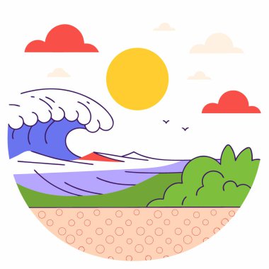 Gün batımında okyanus dalgası çakıl taşı plajına çarpıyor. Güneş berrak bir gökyüzünde parlıyor. Yapay zeka üretildi. Vektör simgesi