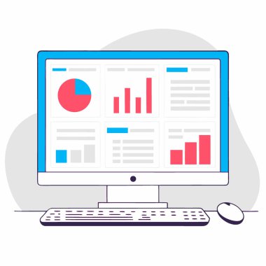 Masaüstü ekranında klavye ve fare muhasebe yazılımı olan bir bilgisayar monitörü. Yapay zeka üretildi. Vektör simgesi