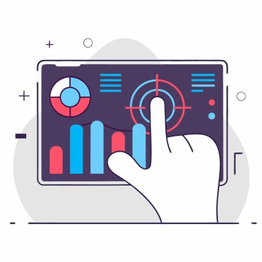 İnsan parmağı, grafikleri ve grafikleri gösteren karmaşık parlayan dijital arayüzle etkileşime girer. Yapay zeka üretildi. Vektör simgesi