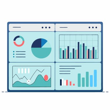 Karmaşık bilgiler gösteren çeşitli grafikler ve grafiklerle veri görselleştirme paneli. Yapay zeka üretildi. Vektör simgesi