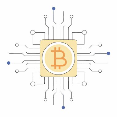 Circuit Board 'daki Bitcoin' in Dijital Para Birimini ve Bloklama Teknolojisini Sembolize Ettiği Yakın plan. Yapay zeka üretildi. Vektör simgesi