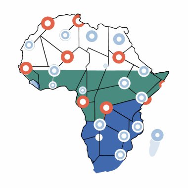 Afrika haritasında büyüyen engelleme zinciri ağı kıtalarda dijital teknolojiyi ilerletiyor. Yapay zeka üretildi. Vektör simgesi