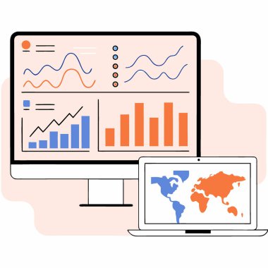 Modern Dijital Sergi Finansal Piyasa Eğilimleri ve Küresel Veri Gösterileri. Yapay zeka üretildi. Vektör simgesi