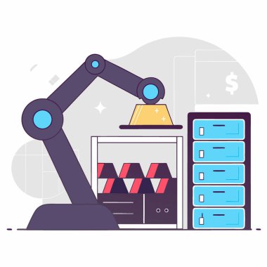 Gelecekçi Varlık Yönetimi Robotik Kol Altın Çubukları Yüksek Teknoloji Depolama Birimi 'ne aktarıyor. Yapay zeka üretildi. Vektör simgesi