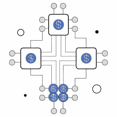 Ağ düğümleri, parlayan soyut çipler ve veri finansmanı ile temiz teknoloji deseni. Yapay zeka üretildi. Vektör simgesi