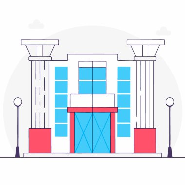 Büyük sütunlar ve modern ışıklandırmayla çerçevelenmiş sanat deco detaylarıyla donatılmış kurumsal bir banka girişi. Yapay zeka üretildi. Vektör simgesi