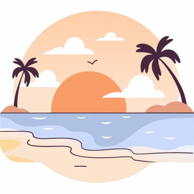 Gün batımında dingin bir sahil. Canlı turuncu ve pembe gökyüzü ve kıyıda hafif dalgalar. Yapay zeka üretildi. Vektör simgesi