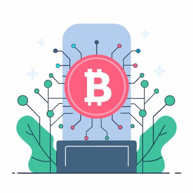 Parlak dijital para birimi amblemi atmosferik mavi ışık ile karmaşık elektronik devreler üzerine kuruludur. Yapay zeka üretildi. Vektör simgesi