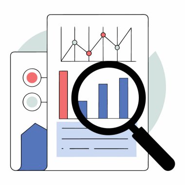 Büyüteç, artan borsa eğilimlerini ve yatırım büyümesi için finansal veri analizlerini ortaya çıkardı. Yapay zeka üretildi. Vektör simgesi