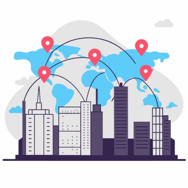 Parlayan veri akışlarıyla dinamik dijital dünya haritası ve parlak turuncu ve beyaz şehir manzarası. Yapay zeka üretildi. Vektör simgesi