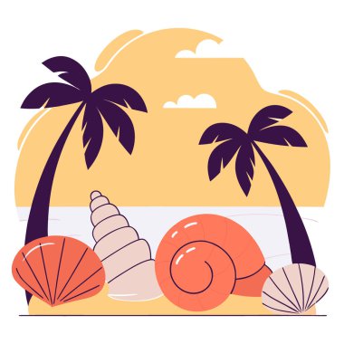 Kumlu bir kumsalda, palmiye ağaçlarının altında okyanus dalgaları olan güzel deniz kabukları çizmek. Yapay zeka üretildi. Vektör simgesi