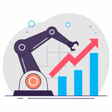 Parlayan Altın Maddi Büyüme Çizelgesini Kontrol Eden Robotik Kol Analizi. Yapay zeka üretildi. Vektör simgesi
