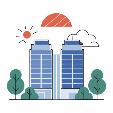 Emlak piyasasının bir parçası olan ofis binaları, finans sisteminin yüksek gökdelenlerinden geçen güneş ışığı. Yapay zeka üretildi. Vektör simgesi