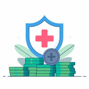 İşletme devamlılığını simgeleyen mavi haç sembolü maddi güvenlik ve yedeklemeyi simgeleyen bir yığın madeni para üzerinde. Yapay zeka üretildi. Vektör simgesi