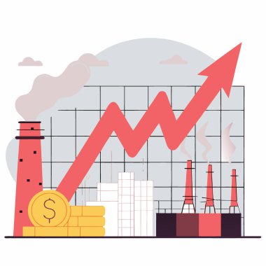 Enerji sektöründeki gelişmeyi ve gelişmeyi sembolize eden endüstriyel arkaplana karşı dinamik finans grafiği. Yapay zeka üretildi. Vektör simgesi