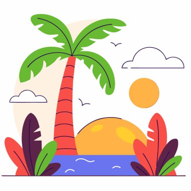 Tropikal adada güzel palmiye ağaçları mavi gökyüzü beyaz bulutlar turkuaz okyanus güneşli bir gün. Yapay zeka üretildi. Vektör simgesi