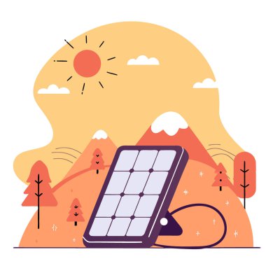 Taşınabilir güneş enerjisi bankası dağ yürüyüşü sırasında güneş ışığını emerek yenilenebilir enerji sağlıyor. Yapay zeka üretildi. Vektör simgesi