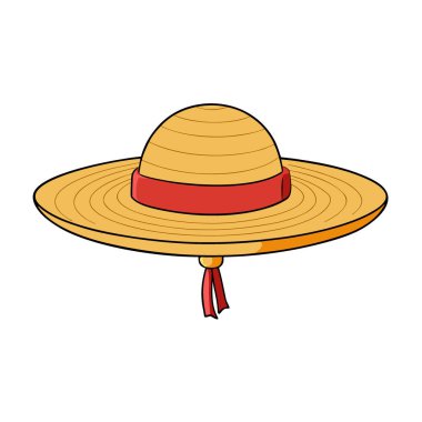 Geniş kenarlı hasır şapka, dekoratif kurdeleli plaj modası beyaz arka planda izole edilmiş. Yapay zeka üretildi. Vektör simgesi