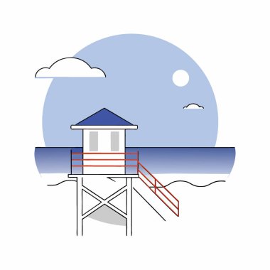 Canlı bir cankurtaran kulesi, berrak mavi gökyüzünün altında sakin kum ve sakin sular sergileyen sakin bir plajda tek başına duruyor. Yapay zeka üretildi. Vektör simgesi