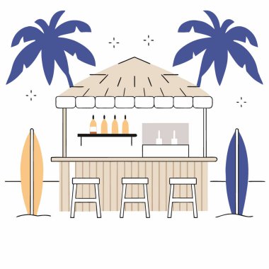 Köy plaj barı, ahşap masa sandalyeleri ve bar tezgahı. Tropikal bitkiler ve sörf tahtaları rahat bir atmosfer yaratıyor. Yapay zeka üretildi. Vektör simgesi