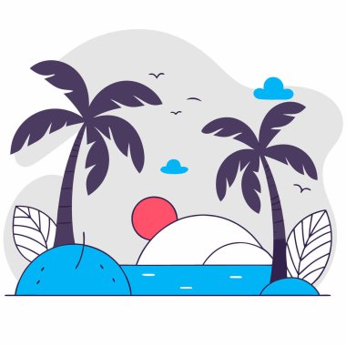 Bereketli palmiye ağaçları ve turkuaz suyla tropik cennet plaj manzarası seyahat ve tatil temalı tasarımlar için mükemmel. Yapay zeka üretildi. Vektör simgesi