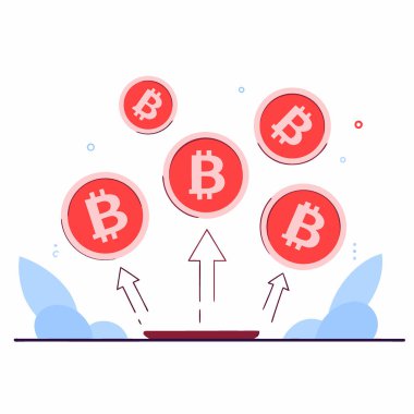 Dijital uzayda yüzen Bitcoin sikkelerin dinamik görselleştirilmesi kripto para yenilikleri sergiliyor. Yapay zeka üretildi. Vektör simgesi