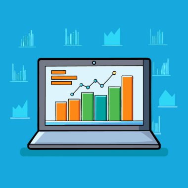 Parlayan bir şehir zeminine karşı canlı finansal verileri gösteren parlak bir laptop. Yapay zeka üretildi. Vektör simgesi