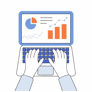 Ekranda mali grafikler ve çizelgeler olan bir dizüstü bilgisayarda yazı yazan ellerin yakın çekimi. Yapay zeka üretildi. Vektör simgesi