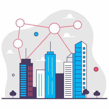 Teknoloji ve yeniliği sembolize eden binaları birbirine bağlayan parlak çizgilere sahip gelecekçi şehir manzarası. Yapay zeka üretildi. Vektör simgesi