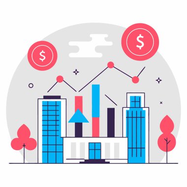 Arka plan bankacılığı ve muhasebe teması dışında modern iş merkezinin sanal yaratıcı finansal diyagramının iki katına çıkarılması. Yapay zeka üretildi. Vektör simgesi