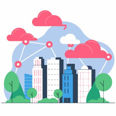 Bulut veri akışını ve bağlantıyı simgeleyen parlayan çizgilerle bir şehrin gökyüzü manzarası. Yapay zeka üretildi. Vektör simgesi