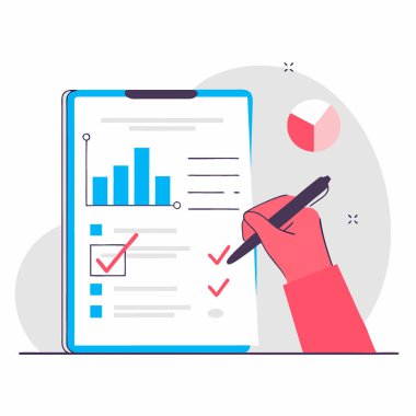 Şeffaf tablet üzerinde el ile kalite kontrol ve denetim uyumunu ileten belge kontrol listesi ve grafik verilerini gösteren stil kullanılıyor. Yapay zeka üretildi. Vektör simgesi