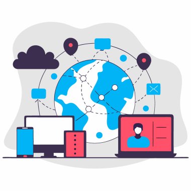 Dünyayı veri teknolojisi ve dünya çapında dijital dönüşüm için iletişime bağlayan çarpıcı küresel iş ağı. Yapay zeka üretildi. Vektör simgesi