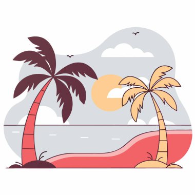 Berrak mavi gökyüzü turkuaz okyanus dalgalarının kumlu kıyılarda usulca yıkandığı sakin tropikal plaj sahnesi. Yapay zeka üretildi. Vektör simgesi