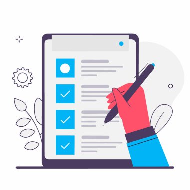 Görevleri Tamamlamak ve Tablet 'teki Elektronik Sözleşmeleri İmzalamak İçin Bir Stylus Kullanan Dijital Belge Yönetimi ve Kontrol Listesi Sistemi Kişisi. Yapay zeka üretildi. Vektör simgesi