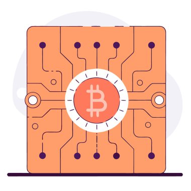 Şifreleme engelleme teknolojisini ve modern finansal yeniliği temsil eden dijital bir devre kartındaki Bitcoin 'in yakın çekimi. Yapay zeka üretildi. Vektör simgesi