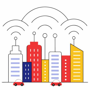 Fütürist akıllı şehir geceleri küresel iletişim ağını ve teknolojik yenilikleri temsil eden parlak veri yayı ile gökyüzüne yükseliyor. Yapay zeka üretildi. Vektör simgesi