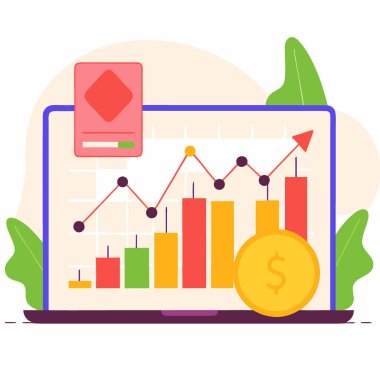 Teknoloji meraklısı bir ortamda piyasa eğilimlerini ve veri analizini temsil eden bir bilgisayar ekranında sergilenen finansal grafiğin yakın çekimi. Yapay zeka üretildi. Vektör simgesi