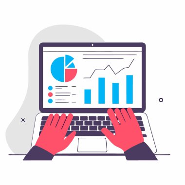 İş analizini sembolize eden veri grafikleri ve grafikleri gösteren bir dizüstü bilgisayarda yazı yazan eller. Yapay zeka üretildi. Vektör simgesi