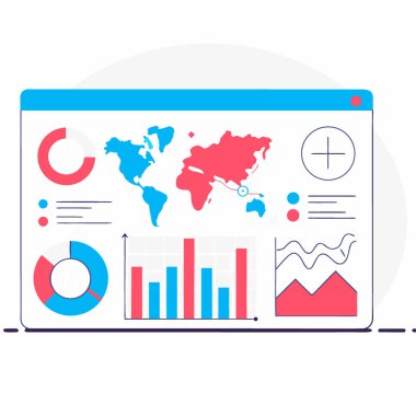 Dünya haritası olan küresel veri analizi paneli ve çarpıcı modern bir arayüzde iş zekası ve finansal raporlama grafikleri. Yapay zeka üretildi. Vektör simgesi