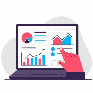 İşgüzar eller, mali tabloları ve grafikleri analiz eden bir dizüstü bilgisayar üzerinde çalışıyor. Yapay zeka üretildi. Vektör simgesi