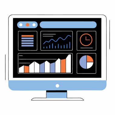 Bilgisayar ekranında veri analizi ve iş ölçümlerini gösteren finansal grafikleri ve grafikleri olan karanlık temalı dijital bir panel. Yapay zeka üretildi. Vektör simgesi