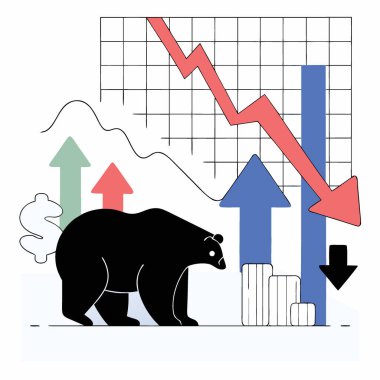 Dinamik dijital ayı, soyut veri görselleştirmeleri ile ekonomik belirsizliği ve finansal riski sembolize eden borsa düşüşünü temsil ediyor. Yapay zeka üretildi. Vektör simgesi
