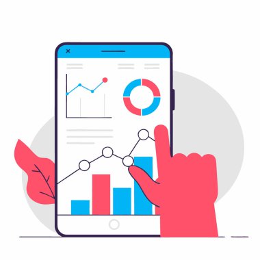 Modern Yönetim için Dinamik İş Grafikleri ve Finansal Grafikleri gösteren bir Smartphone üzerinde etkileşimli Mobil Veri Analizi El Tıklaması. Yapay zeka üretildi. Vektör simgesi