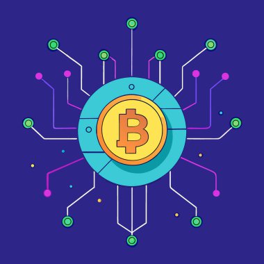 Dijital Dünya 'da Bitcoin. Dinamik dijital matrisin merkezinde parlayan bir bitcoin sembolü. Yapay zeka üretildi. Vektör simgesi