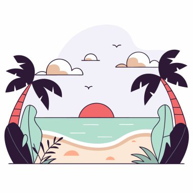 Berrak mavi suları, yumuşak kumlu kıyıları ve gür palmiye yapraklarıyla tropik plajlar bulutlarla kaplı parlak bir gökyüzü altında sakin okyanus manzarasını çerçeveliyor. Yapay zeka üretildi. Vektör simgesi