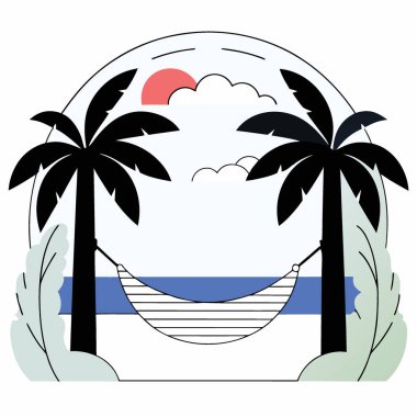 Palmiye ağaçları arasında boş hamak olan sakin tropikal plaj manzarası berrak mavi deniz yemyeşil arka plan. Yapay zeka üretildi. Vektör simgesi