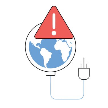 Elektrik kablosu takılı bir küre üzerinde, Kuzey Amerika üzerinde parlayan kırmızı bir uyarı işareti. Yapay zeka üretildi. Vektör simgesi